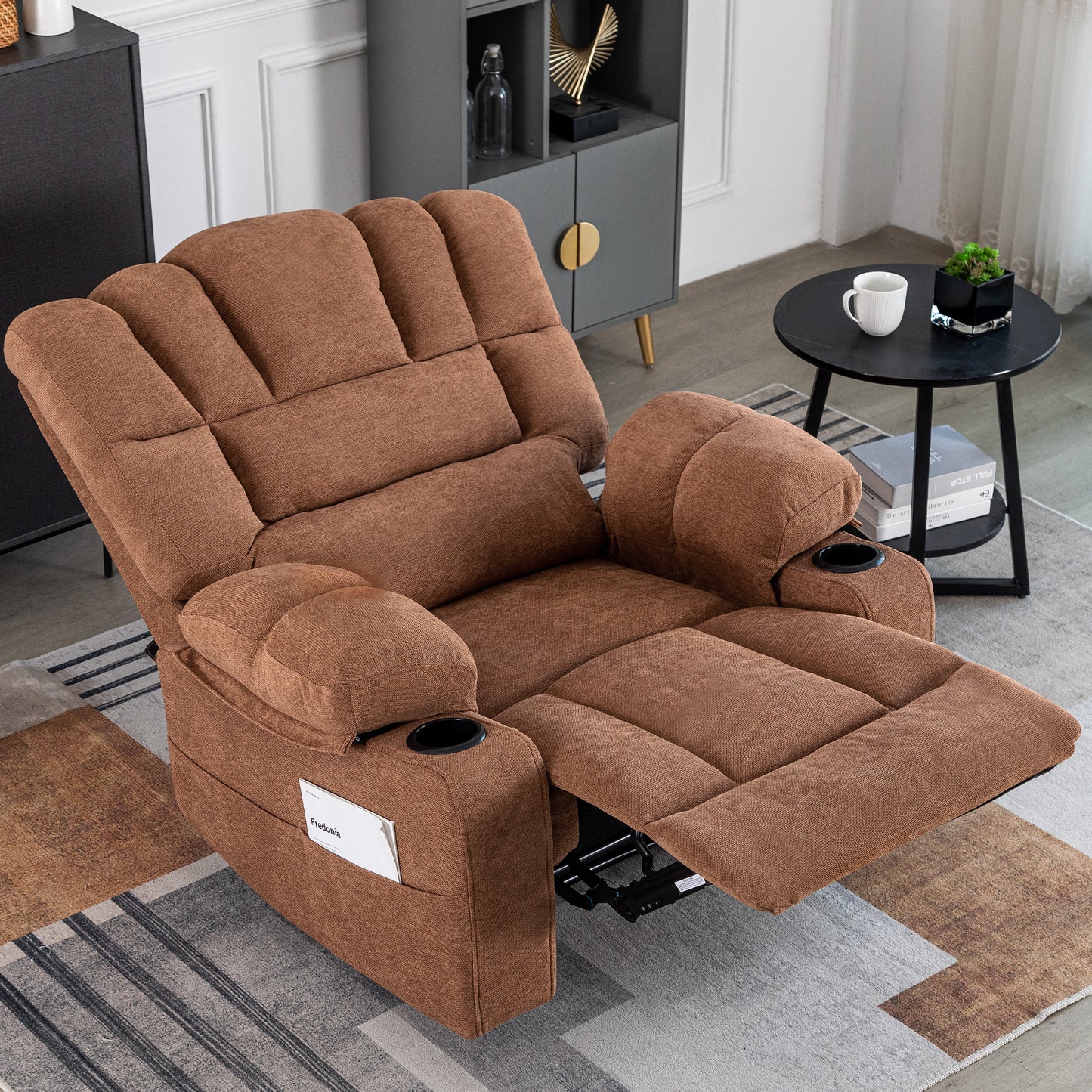 Brown fabric power recliner with builtin cup holders and side pocket