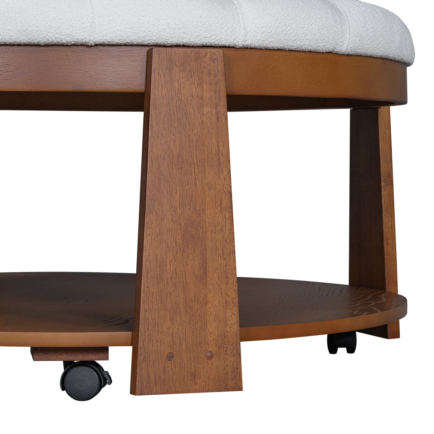 White upholstered ottoman with wooden base and casters