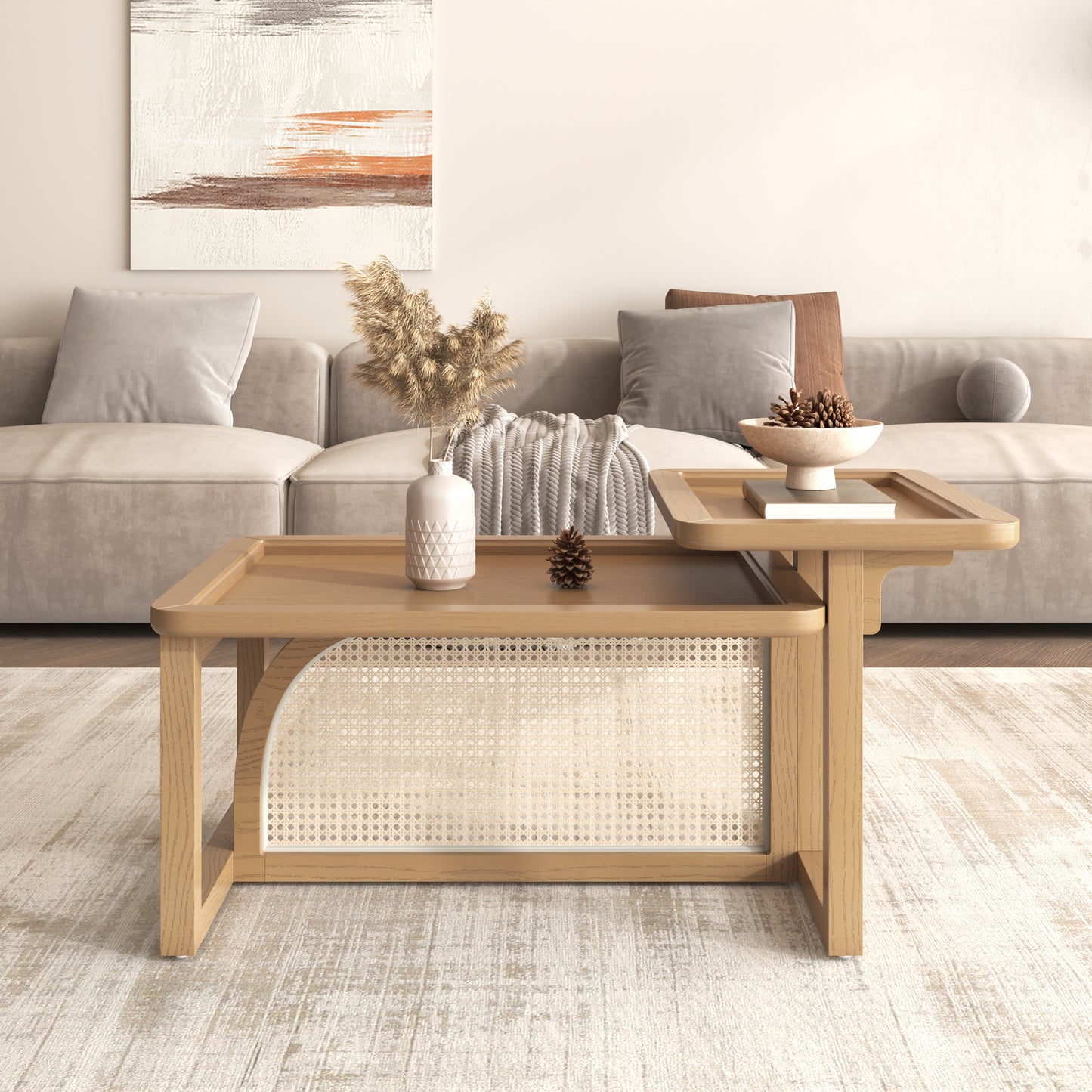 Natural wood coffee table with rattan paneling perfect for modern living rooms