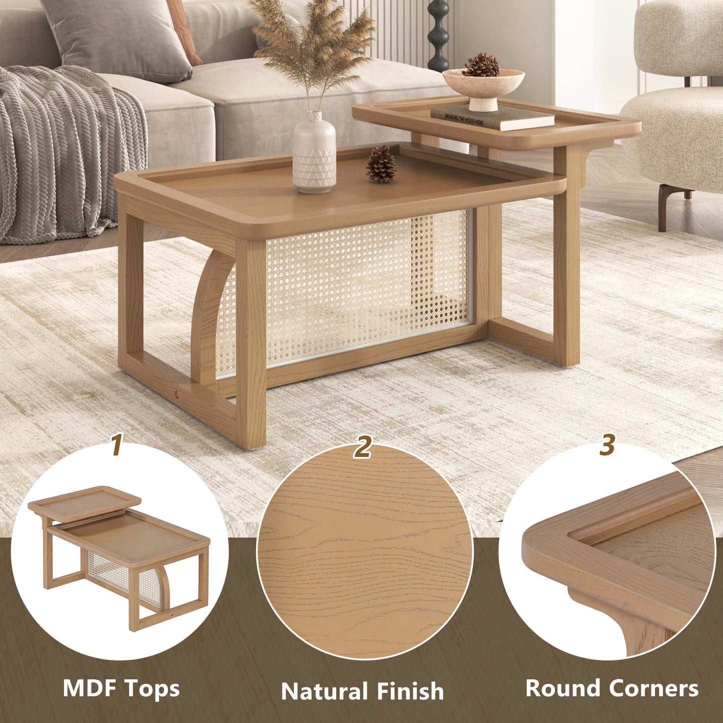 Nesting coffee table with natural wood finish and rattan inlay