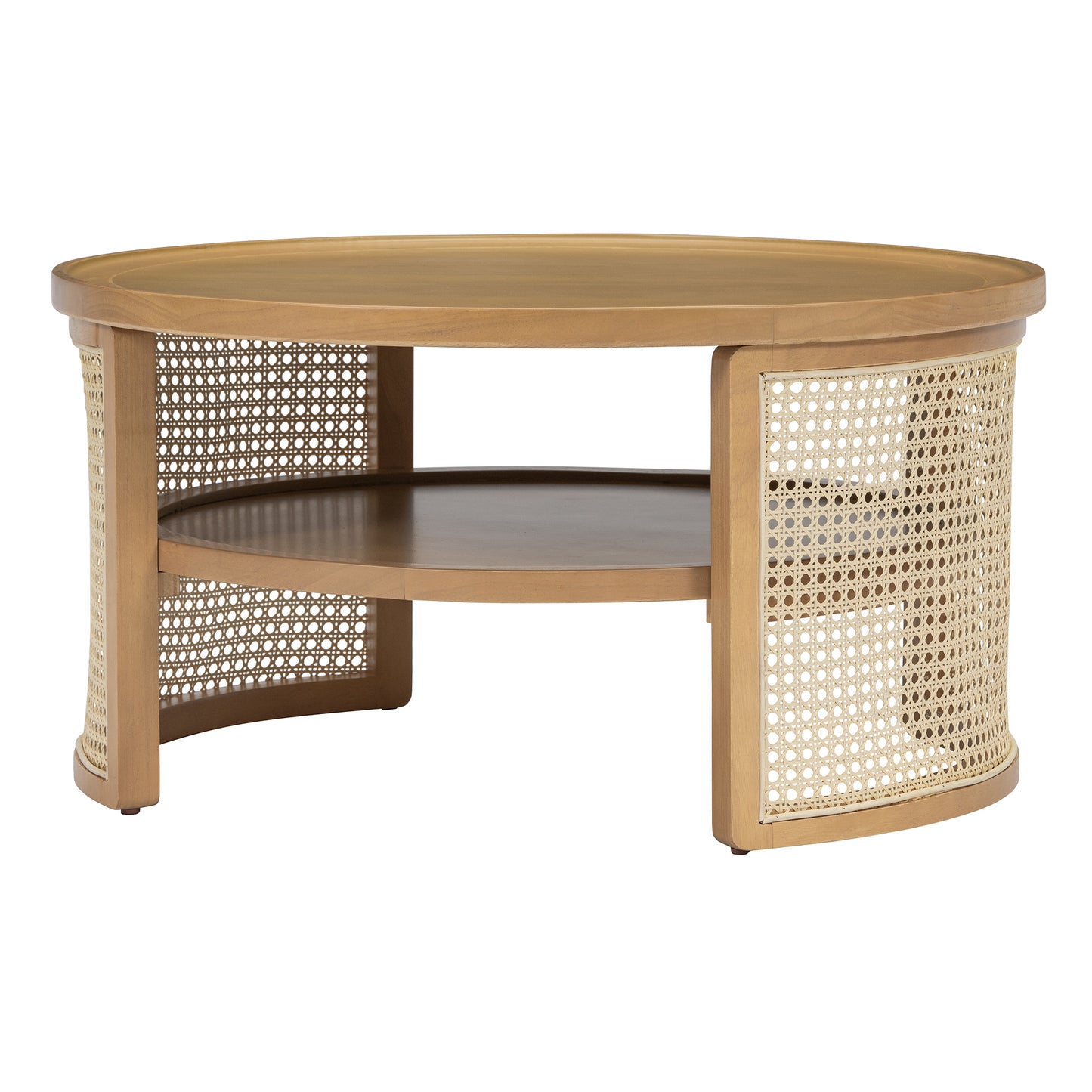 Oval wood coffee table with cane detailing and two shelves
