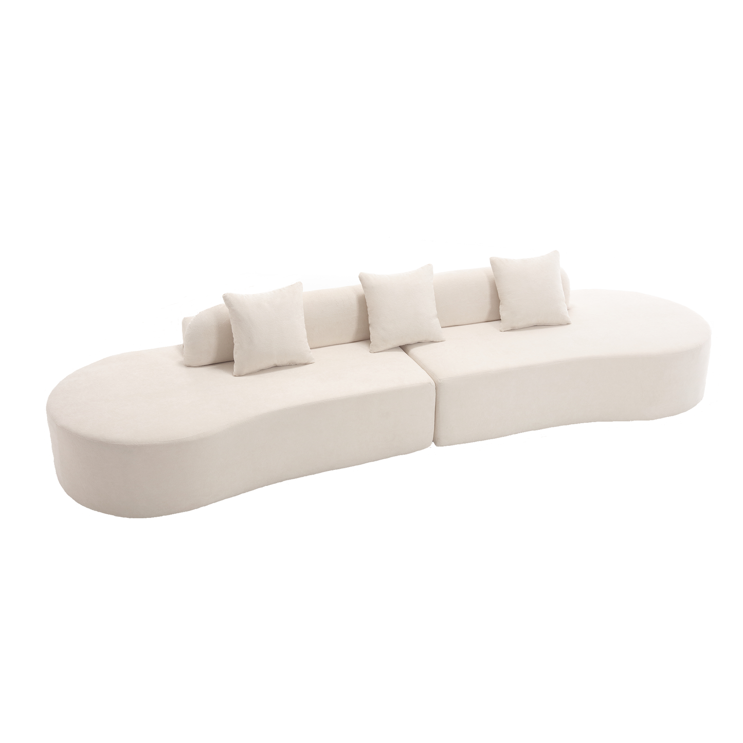 Curved ivory velvet sectional sofa with four plush throw pillows for modern living spaces