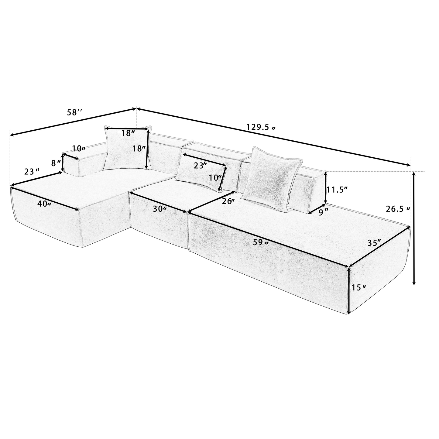 Sketch of a sectional sofa with dimensions labeled Features include armrest height of inches and cushion depth of inches