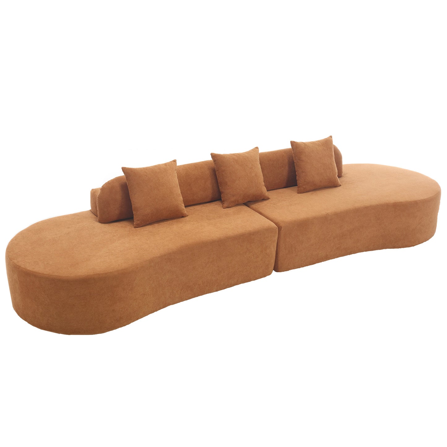 Curving modular sofa in plush burnt orange fabric with five coordinating throw pillows