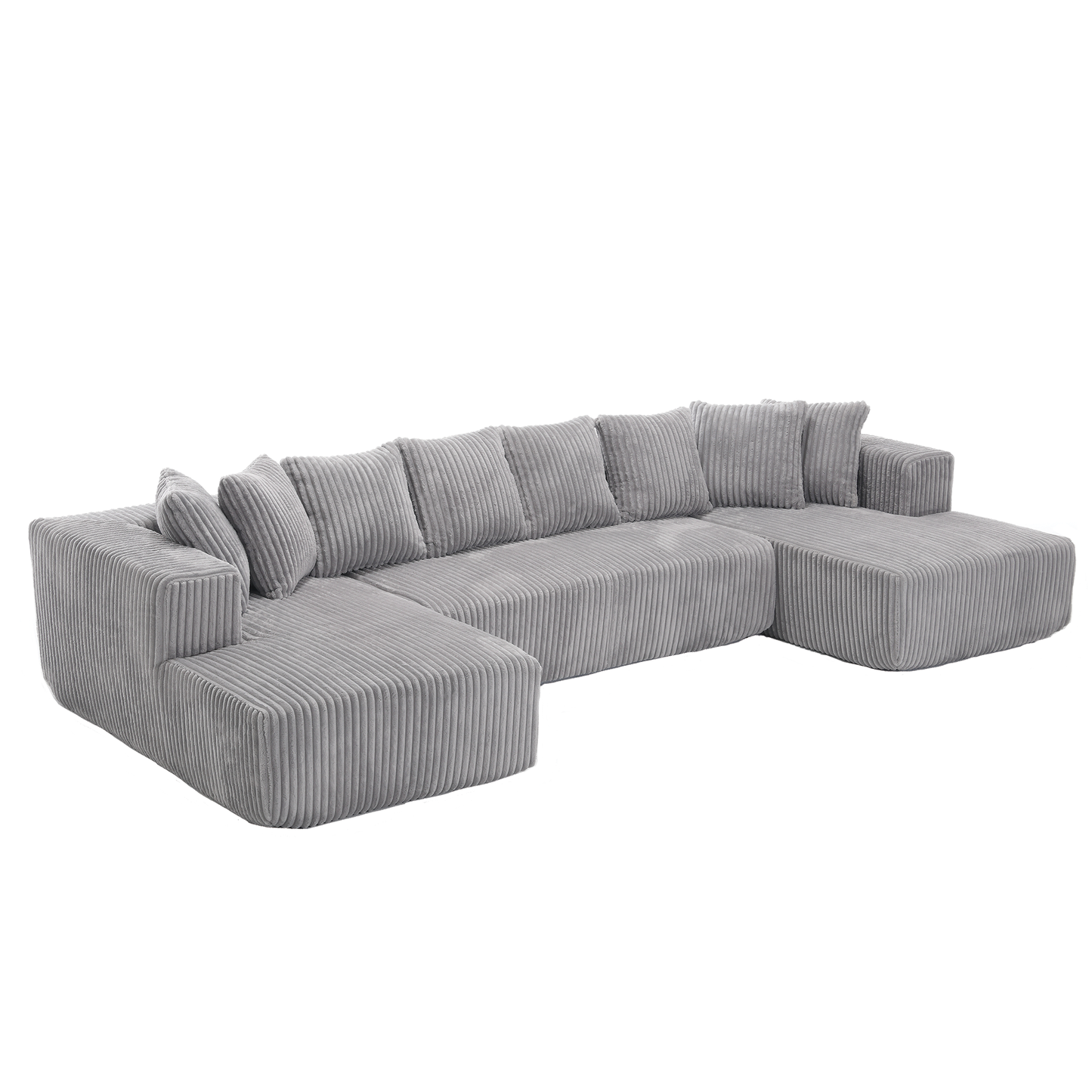 Gray corduroy sectional sofa with plush cushions and chaise lounges