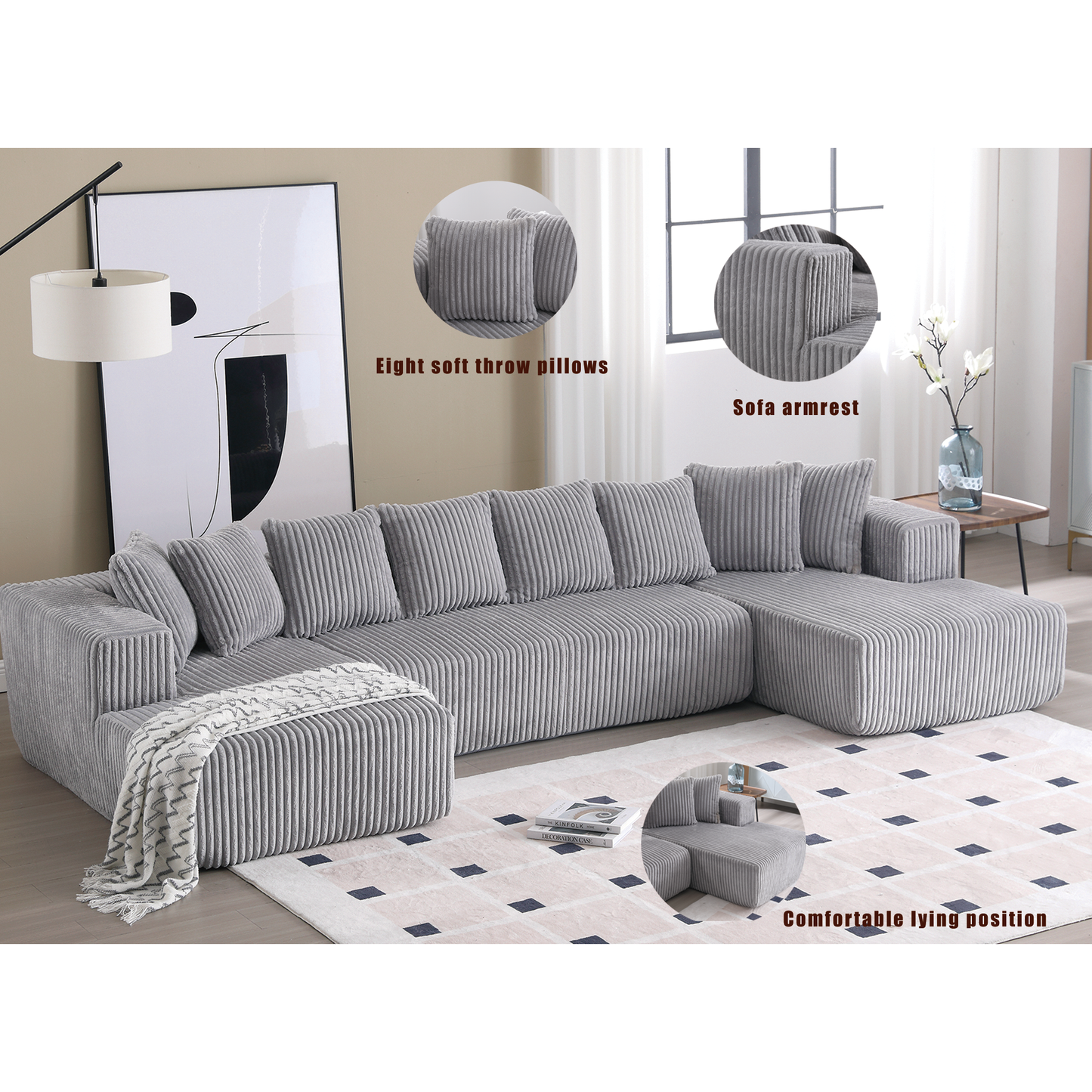 Gray corduroy sectional sofa with plush throw pillows and a cozy blanket