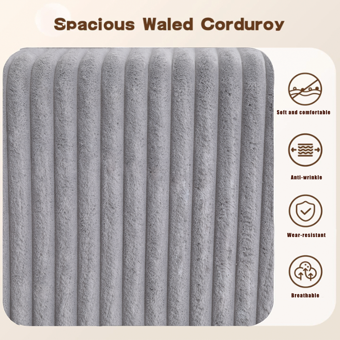 Closeup of light gray spacious waled corduroy fabric texture