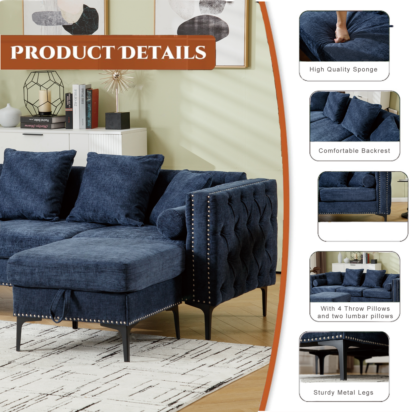 Navy blue tufted sofa with chaise includes throw pillows and lumbar pillow