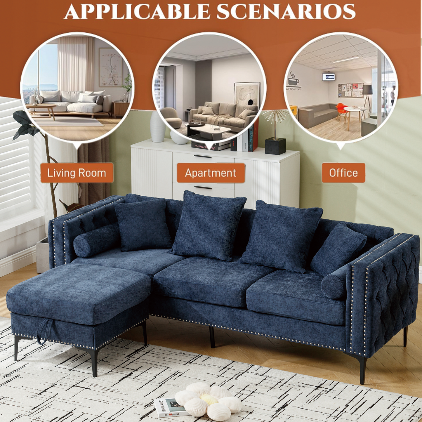 Navy blue tufted sectional sofa with silver nailhead trim and ottoman ideal for a modern living room