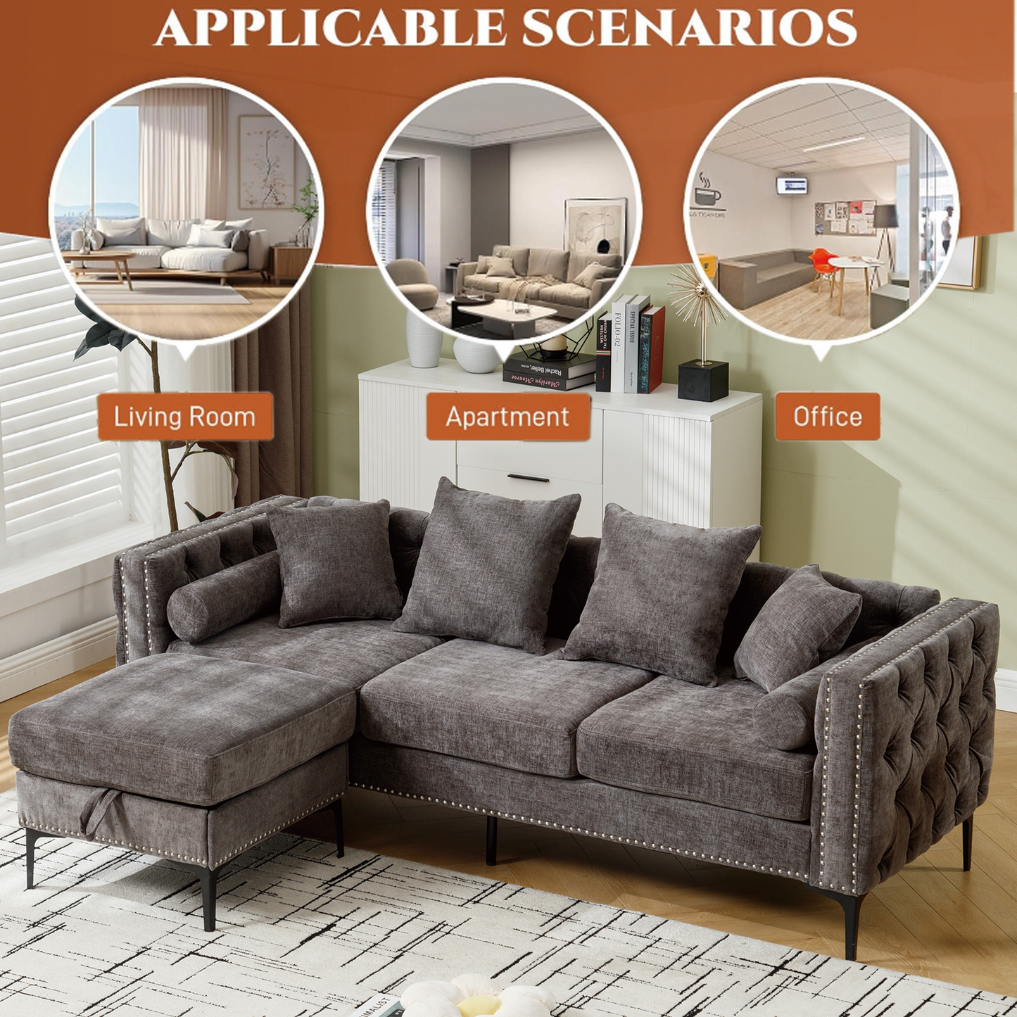 Tufted grey fabric sectional sofa with chaise lounge for modern living room comfort