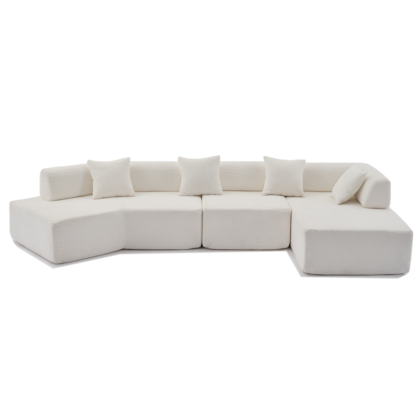 Plush white boucle sectional sofa with five modular seats and accent pillows