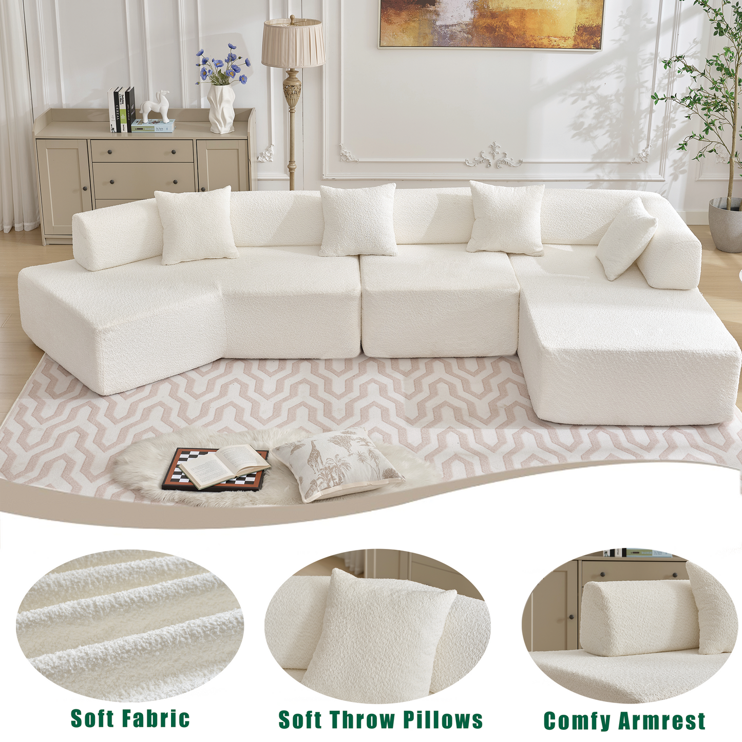 Modular white boucle sofa with plush throw pillows creating a cozy living room setup