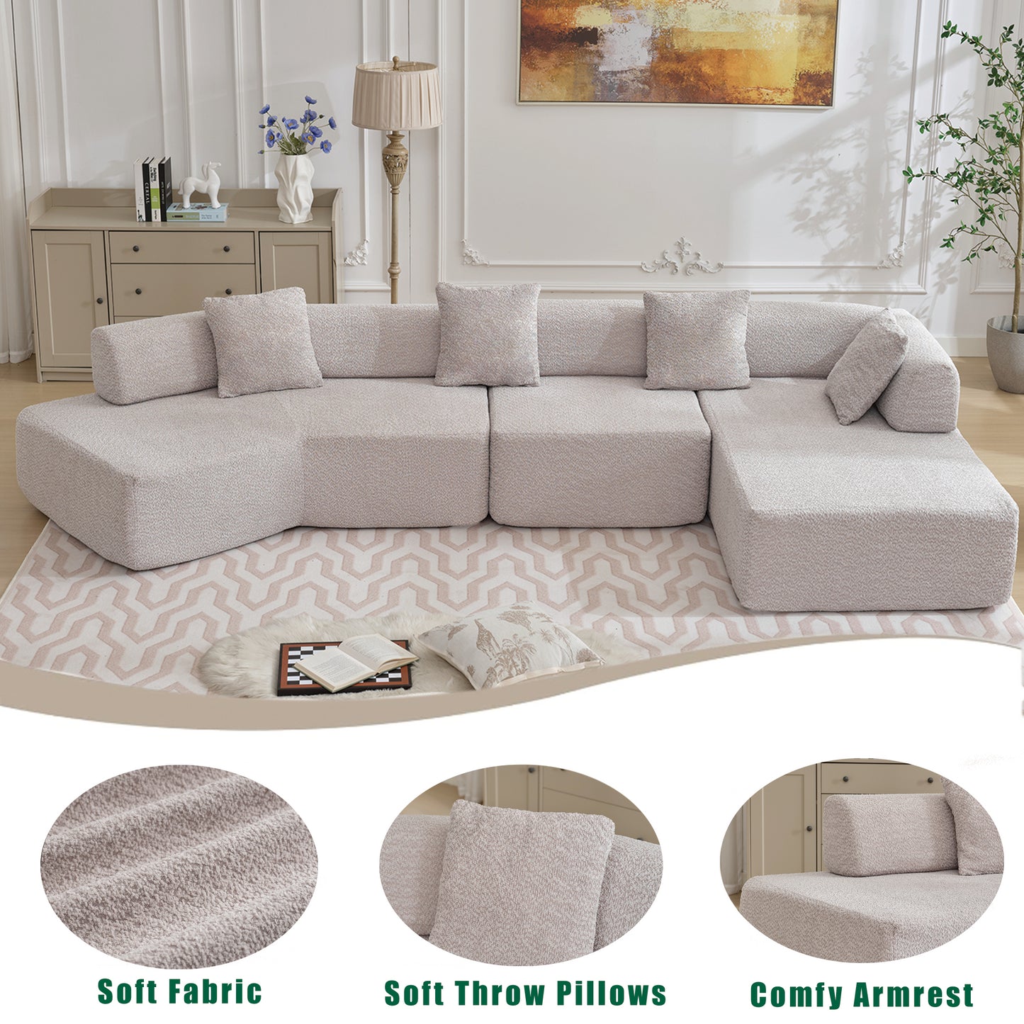 Light grey textured sectional sofa with plush throw pillows for a cozy living room