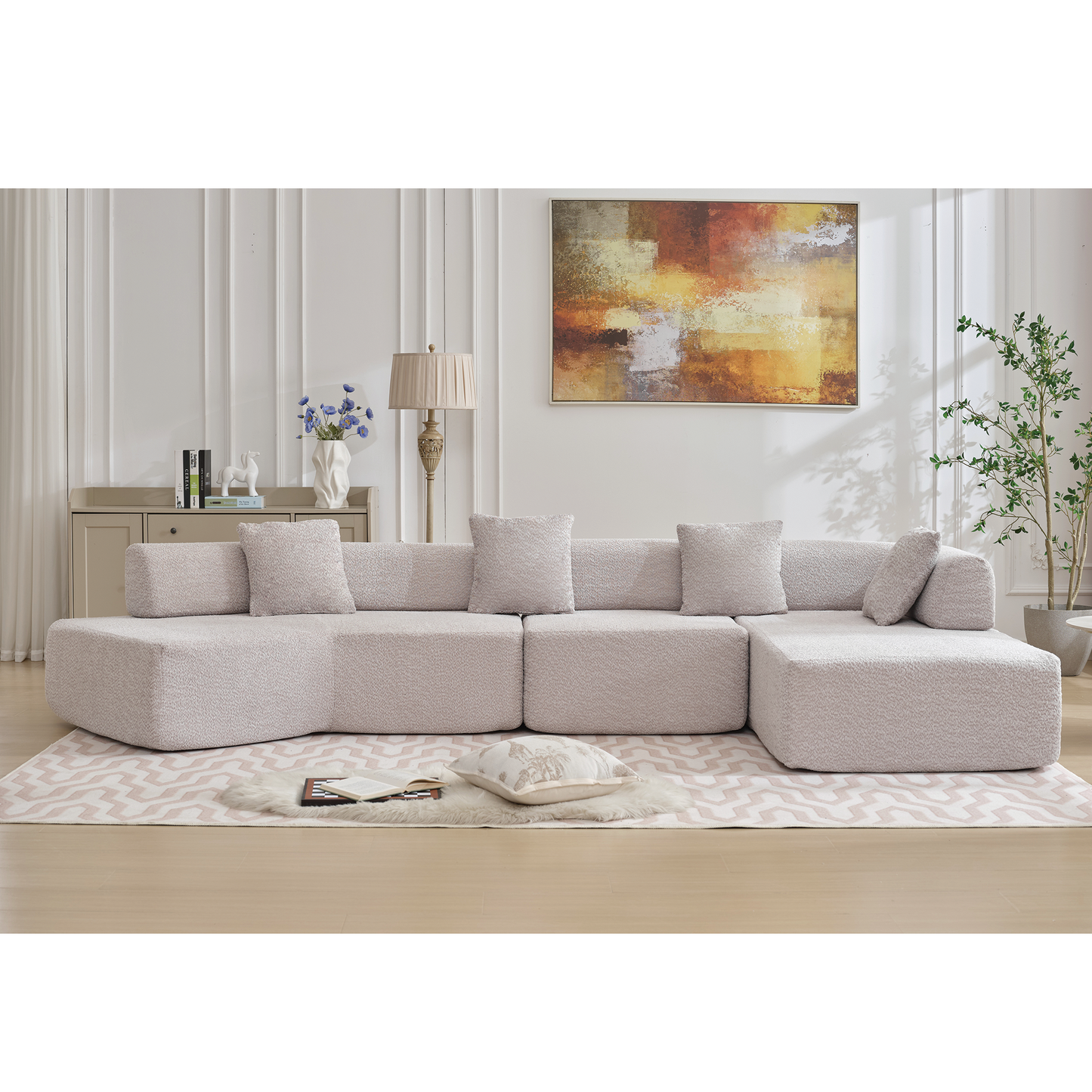 Plush boucl sectional sofa in light beige perfect for modern living rooms