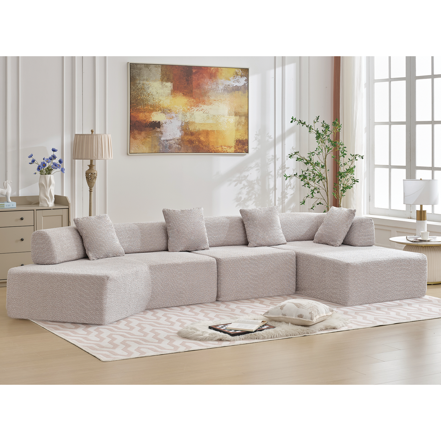 Plush sectional sofa in a neutral beige tone offering a comfortable and modern living room seating solution