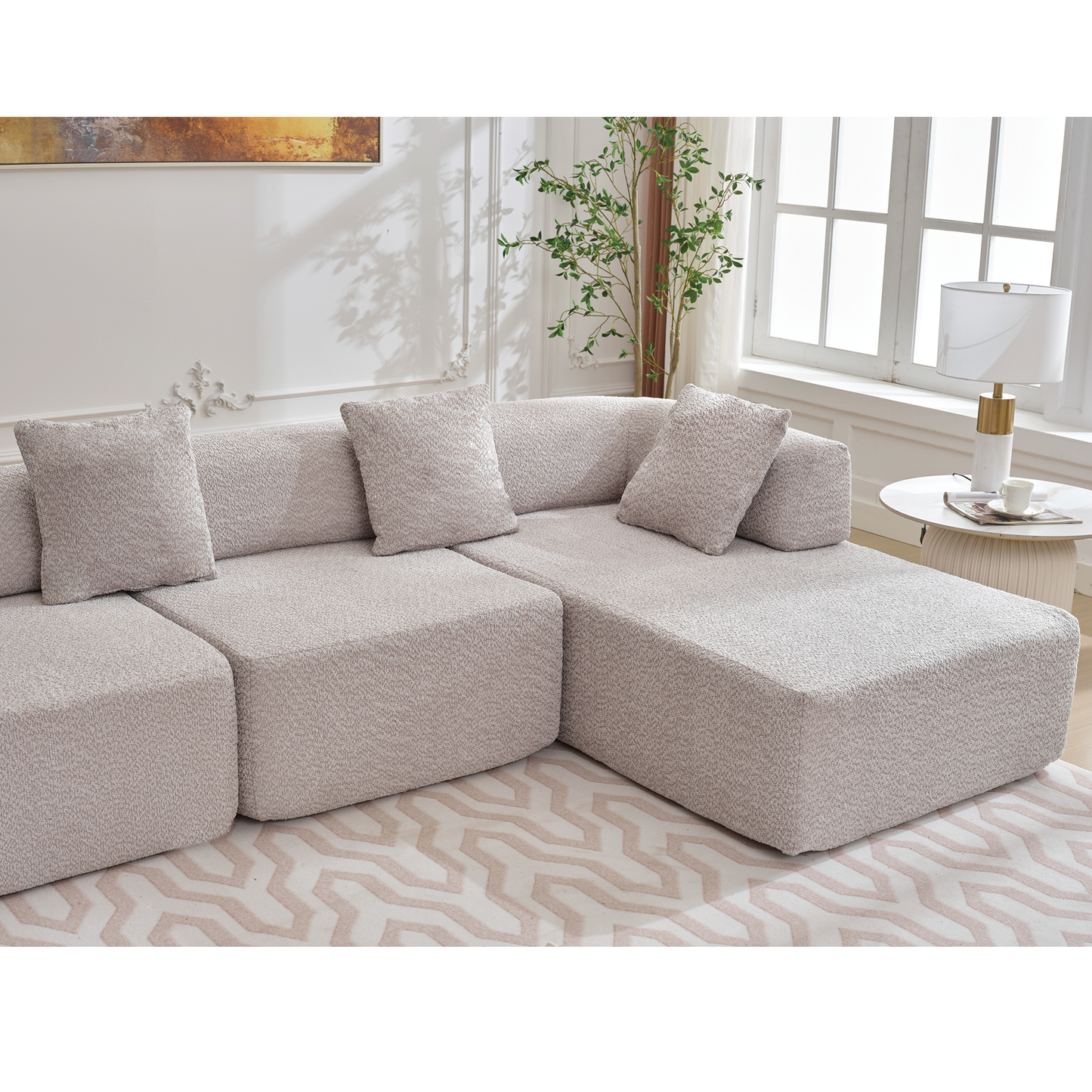 Plush boucle modular sectional sofa in light beige perfect for a cozy living room