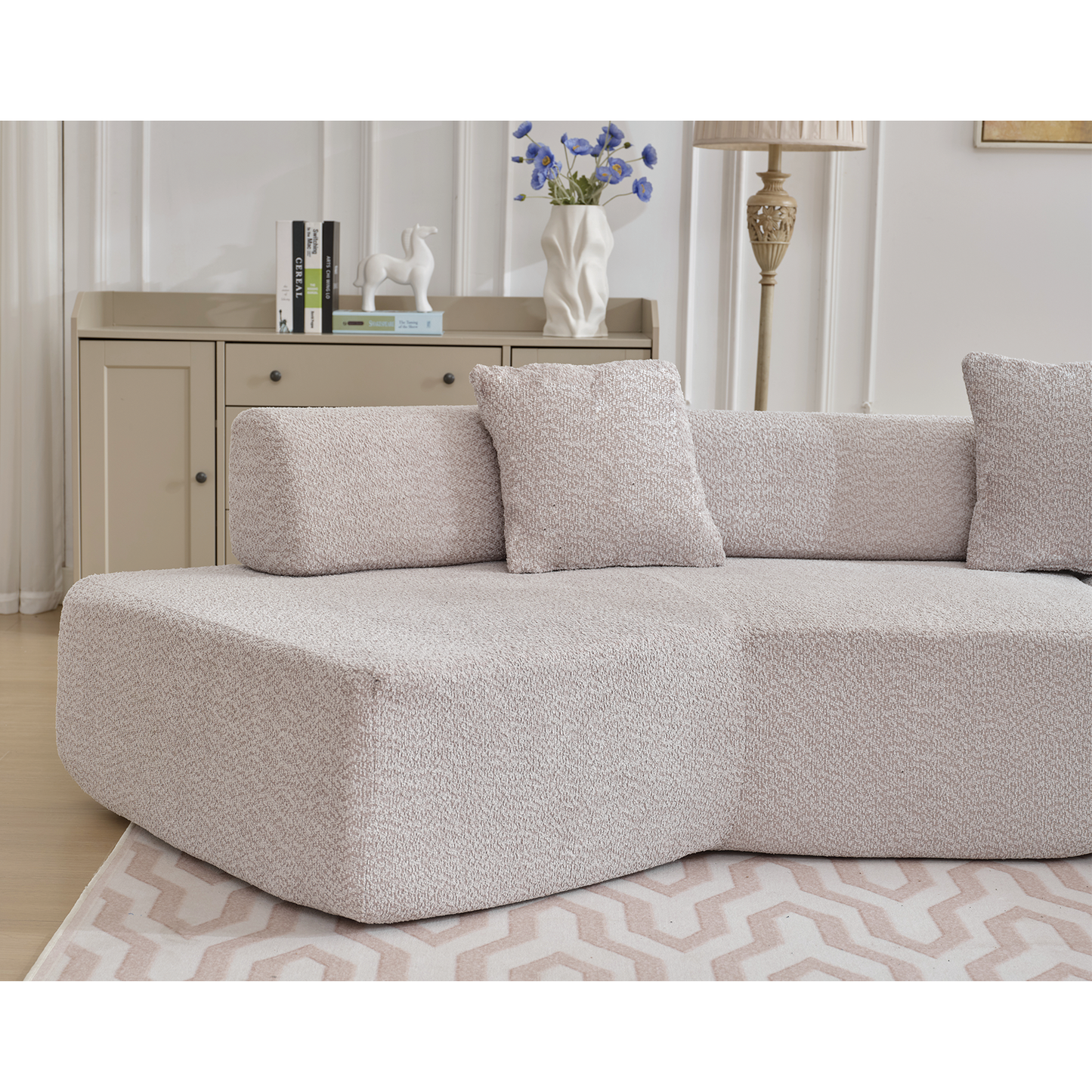 Textured boucle fabric modular sofa in light beige perfect for modern living rooms