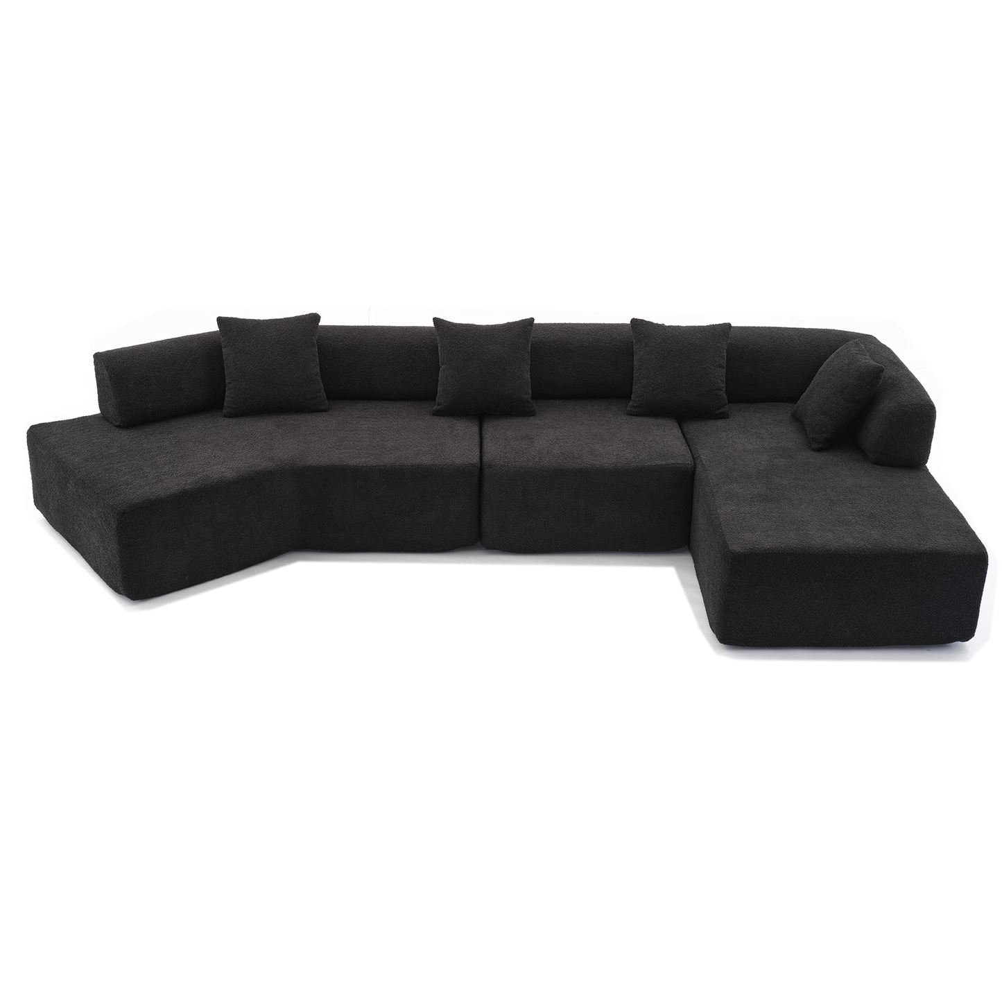 Dark grey boucl fabric sectional sofa with matching throw pillows for modern living rooms