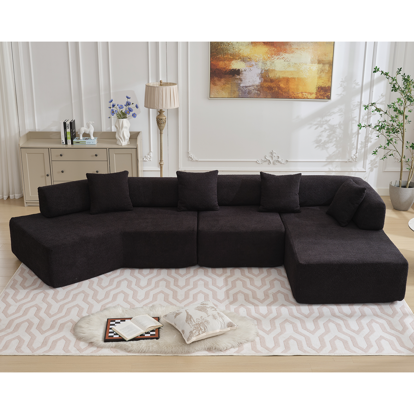 Dark brown fabric sectional sofa with plush cushions modern living room furniture