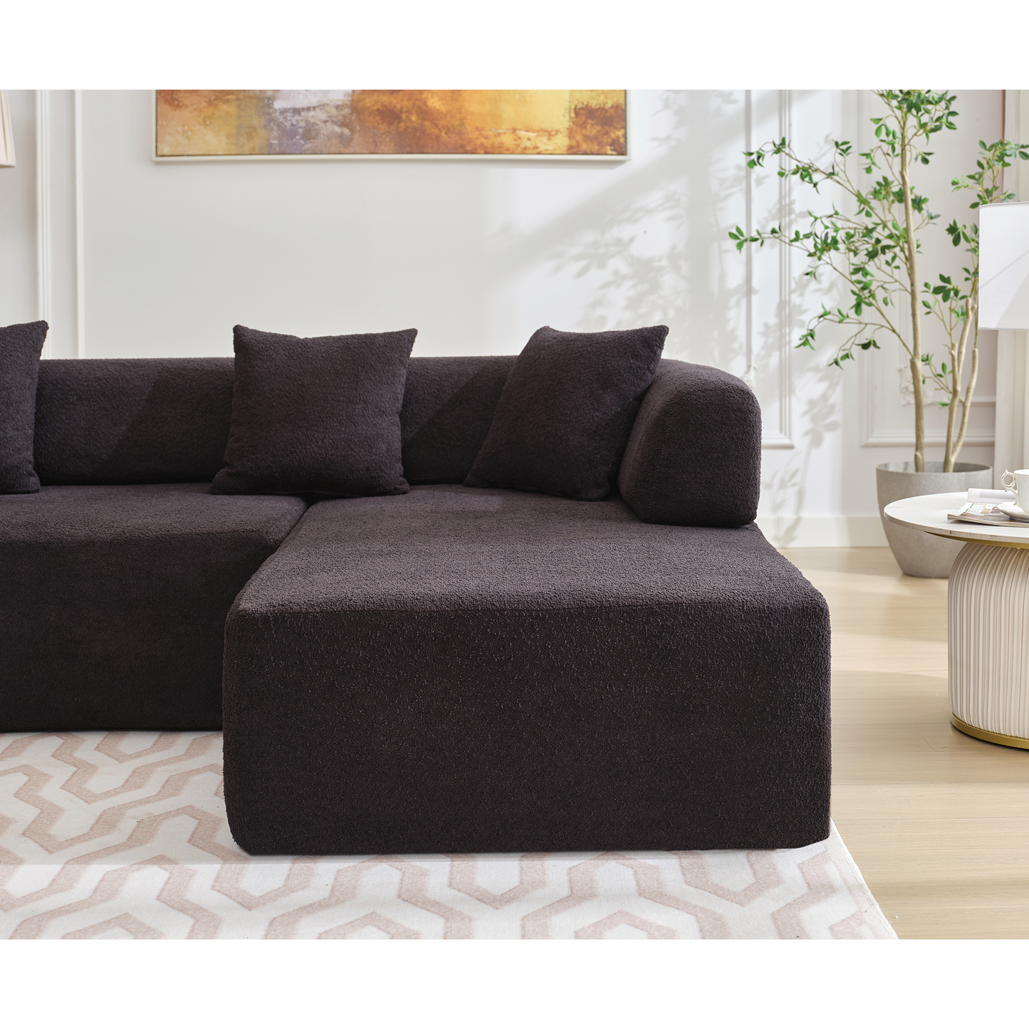 Dark brown boucl fabric sectional sofa with plush accent pillows ideal for living rooms
