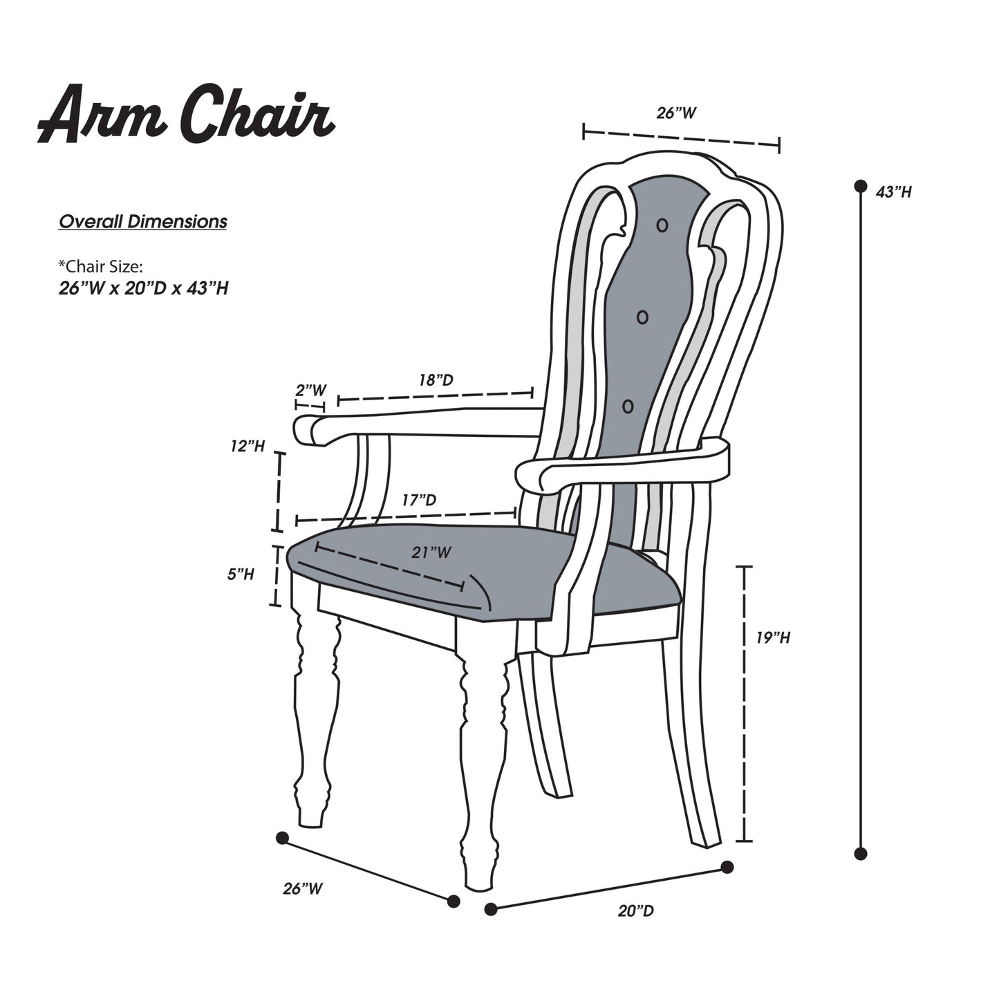 Line drawing of a cushioned arm chair with dimensions shown