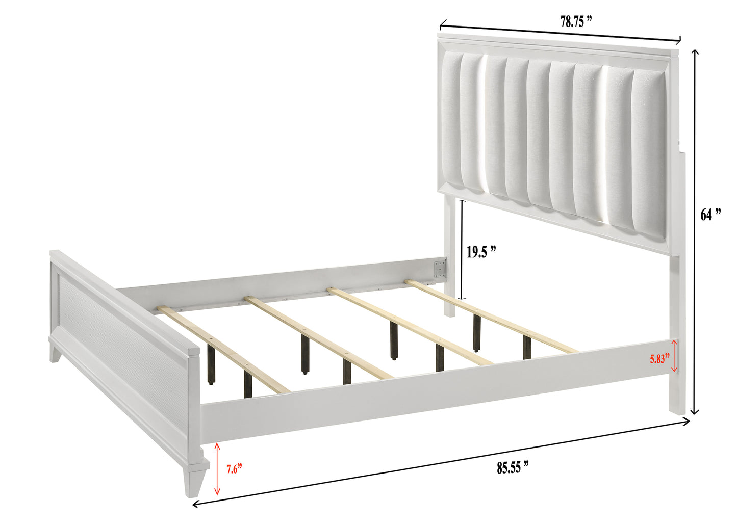White upholstered headboard bed frame with a contemporary design and wooden slats
