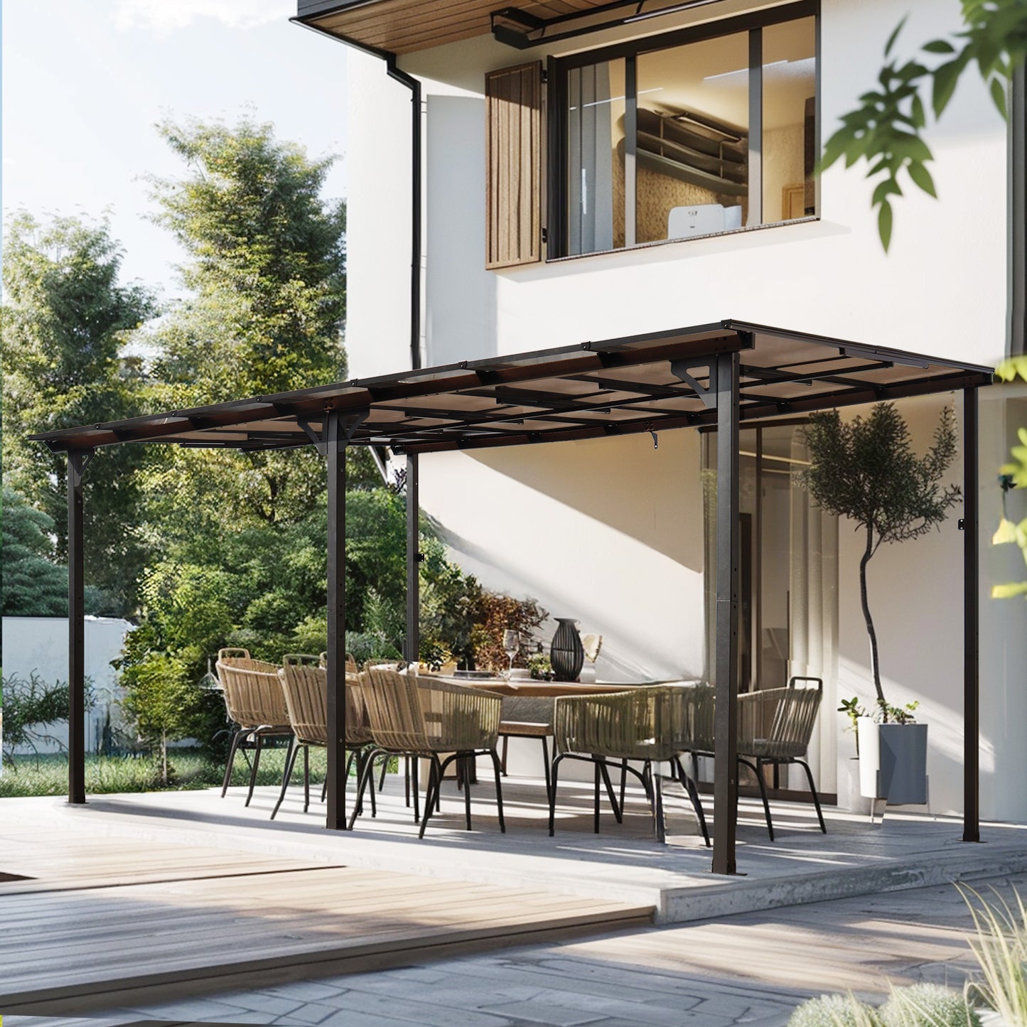 Modern charcoal metal pergola with adjustable canopy over a patio dining set