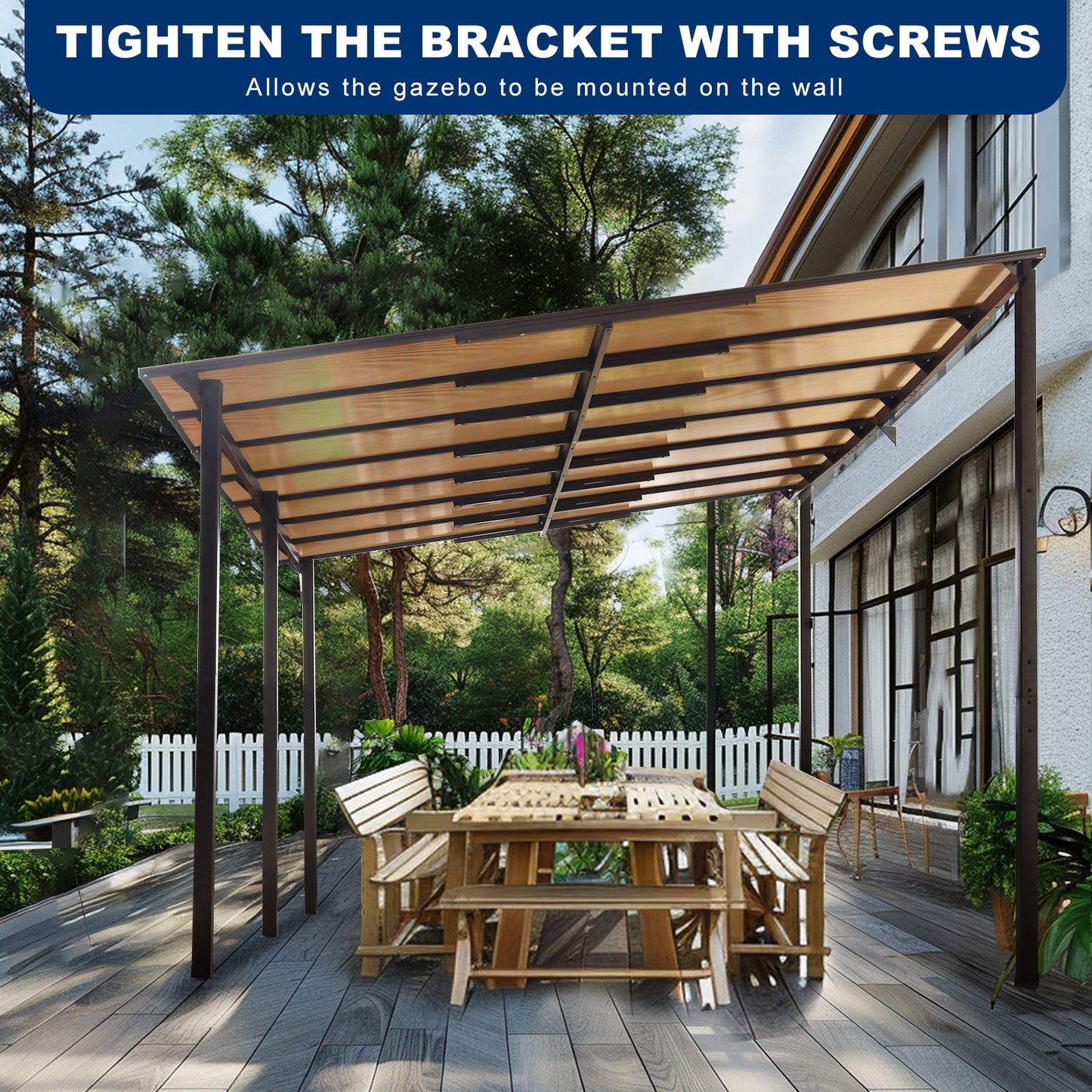 Brown metal patio gazebo with translucent woodgrain roof panels