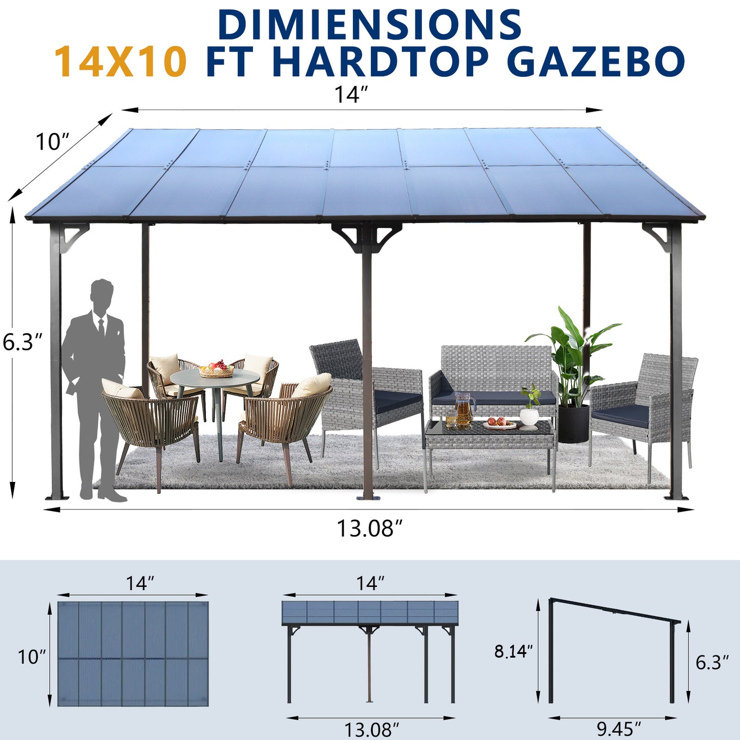 x ft hardtop gazebo with gray metal frame and polycarbonate roof panels