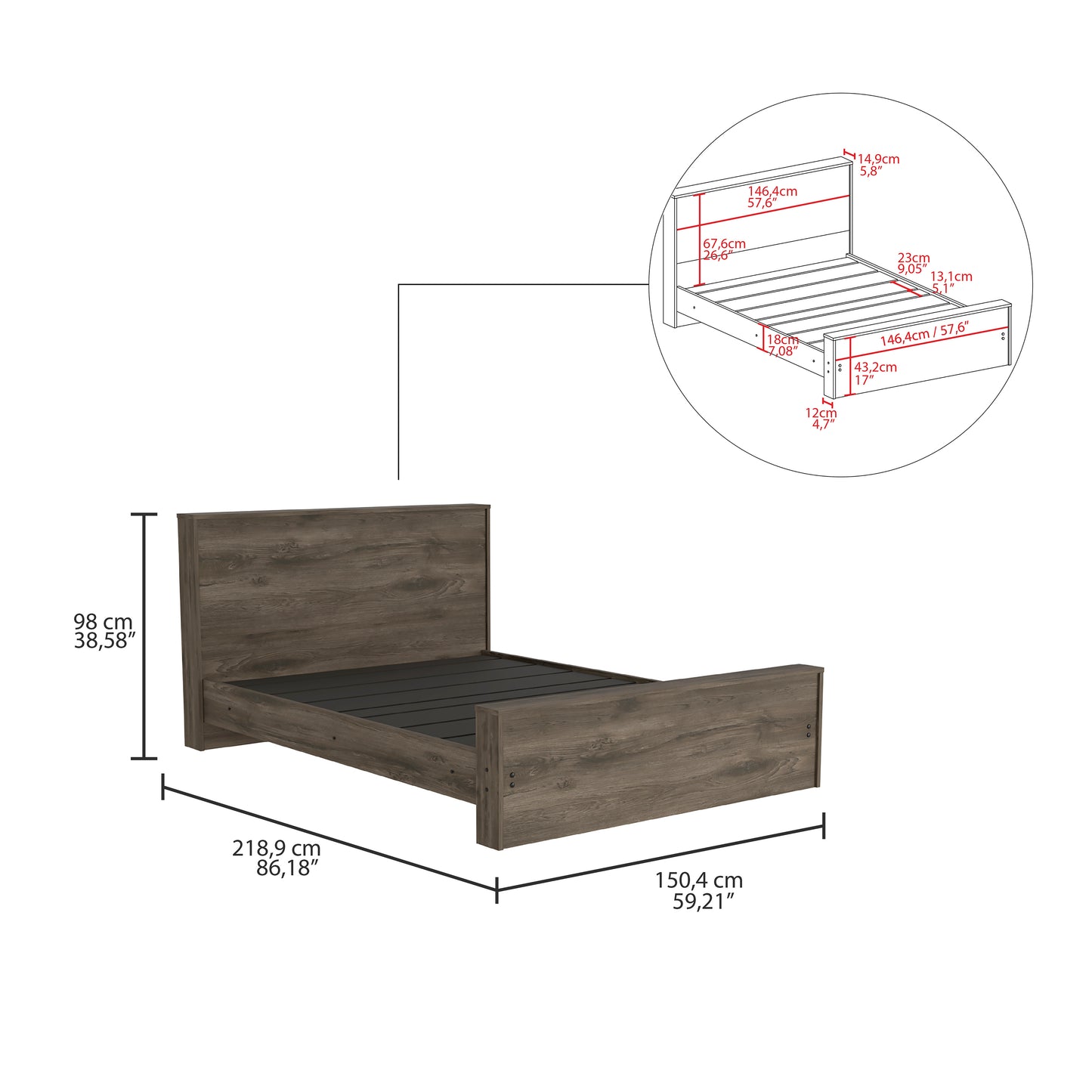 Modern dark wood platform bed frame with slat support