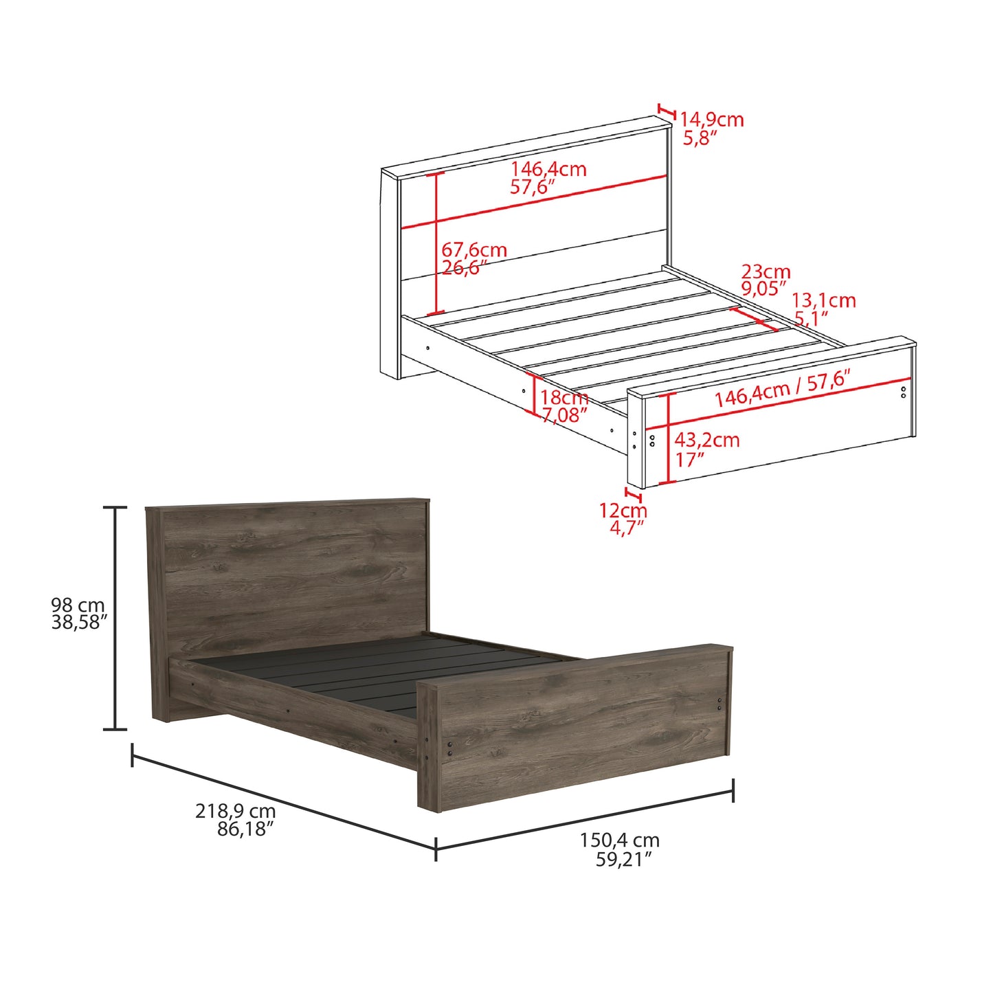 Dark wood grain platform bed frame with a modern design