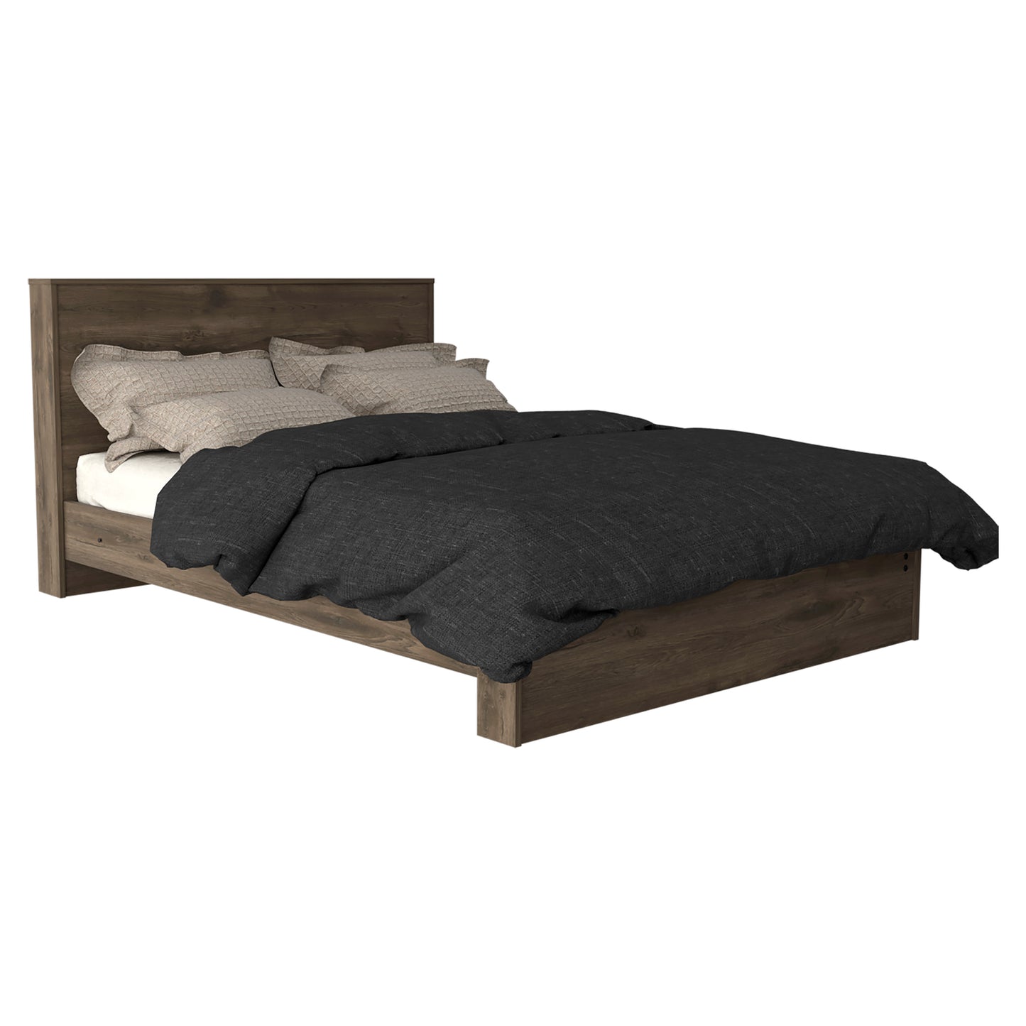 Dark walnut wood modern platform bed frame with upholstered pillows and duvet