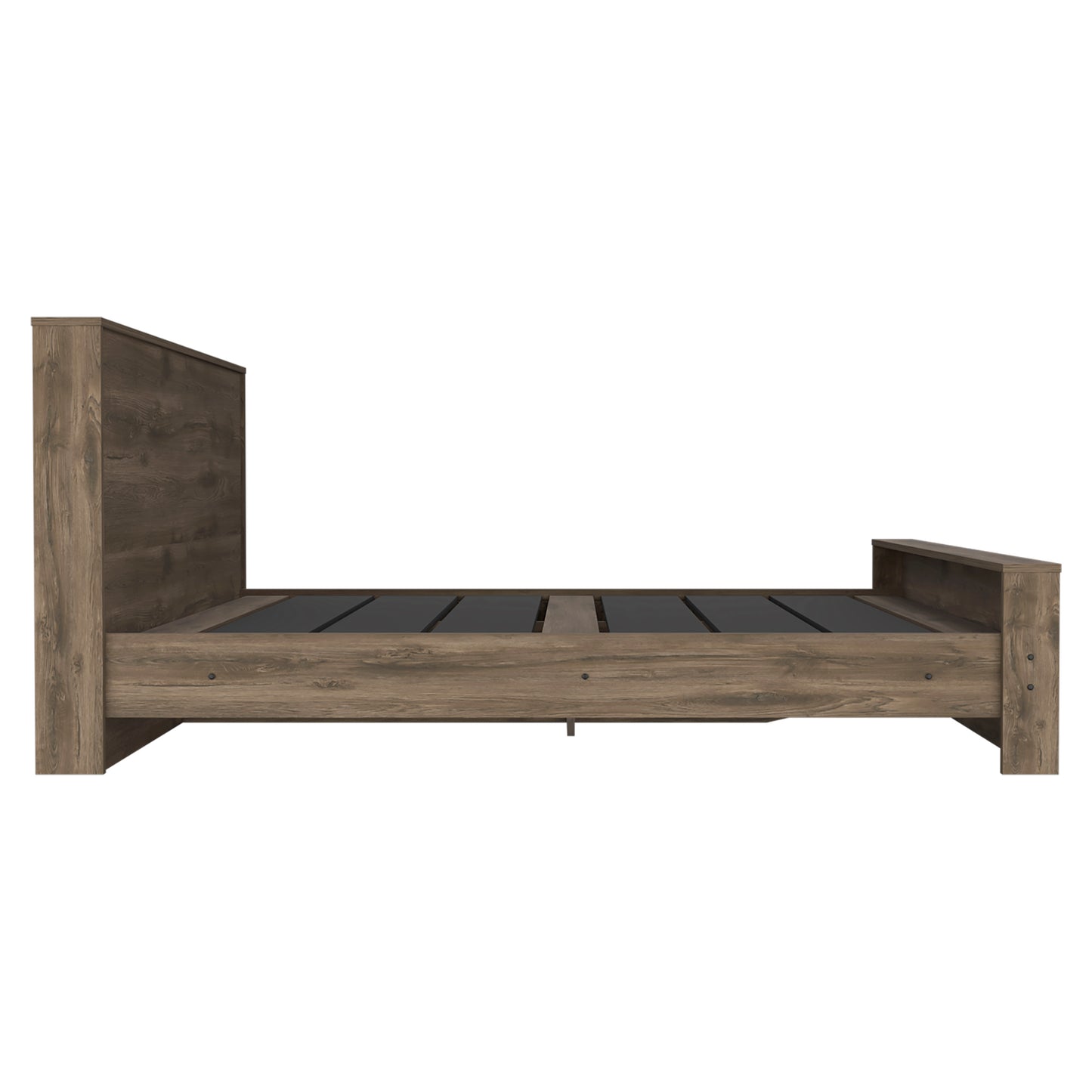 Rustic oak wood bed frame with integrated slats