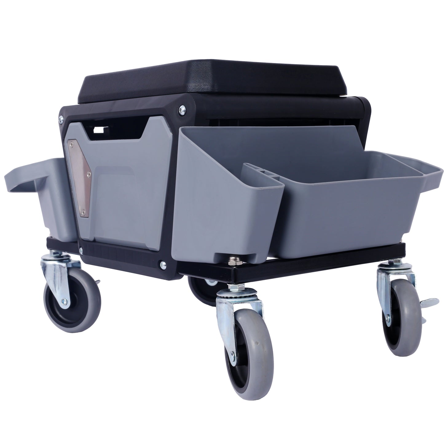 Grey rolling creeper seat with tool compartments for mechanics