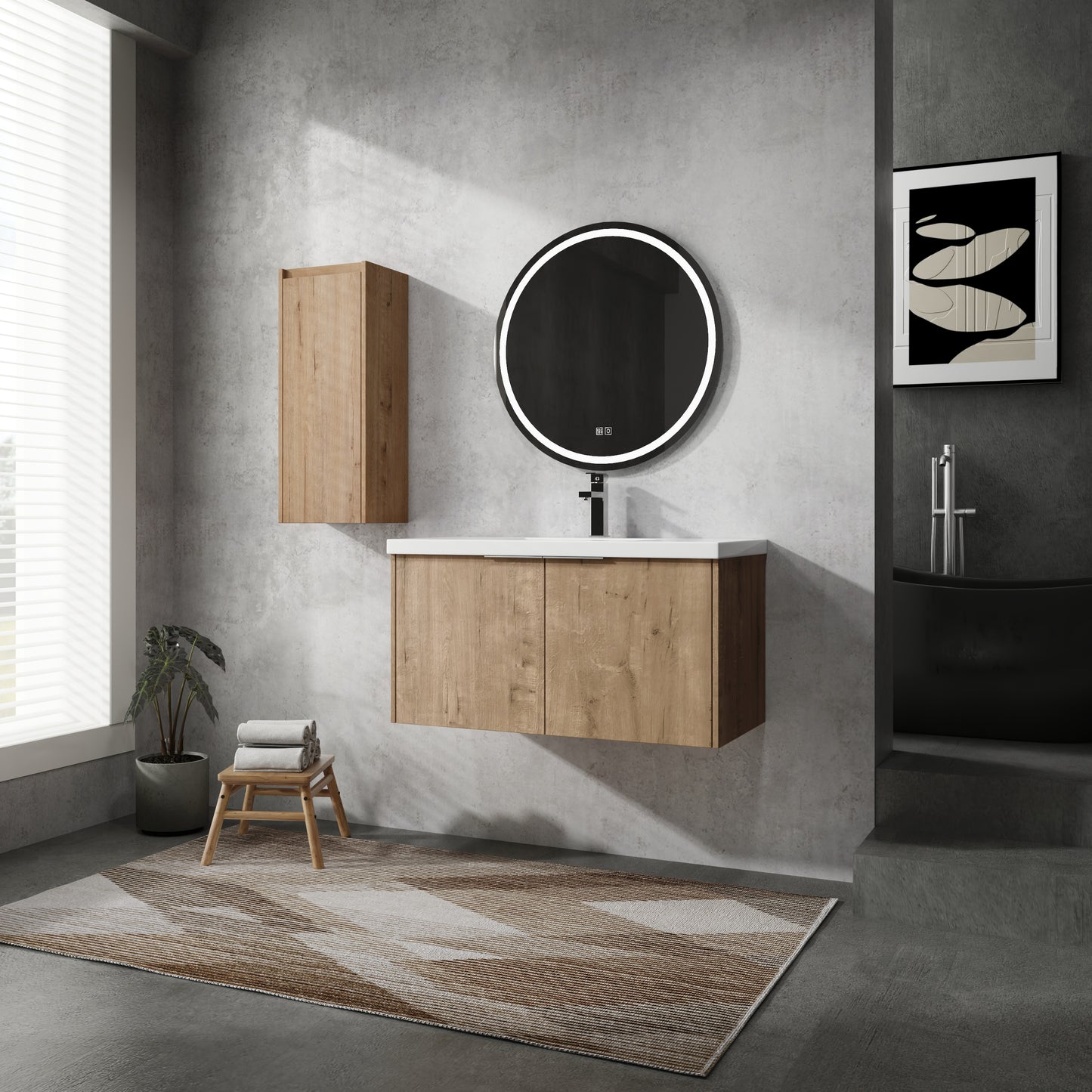 Modern oak bathroom vanity with double drawers and white ceramic sink