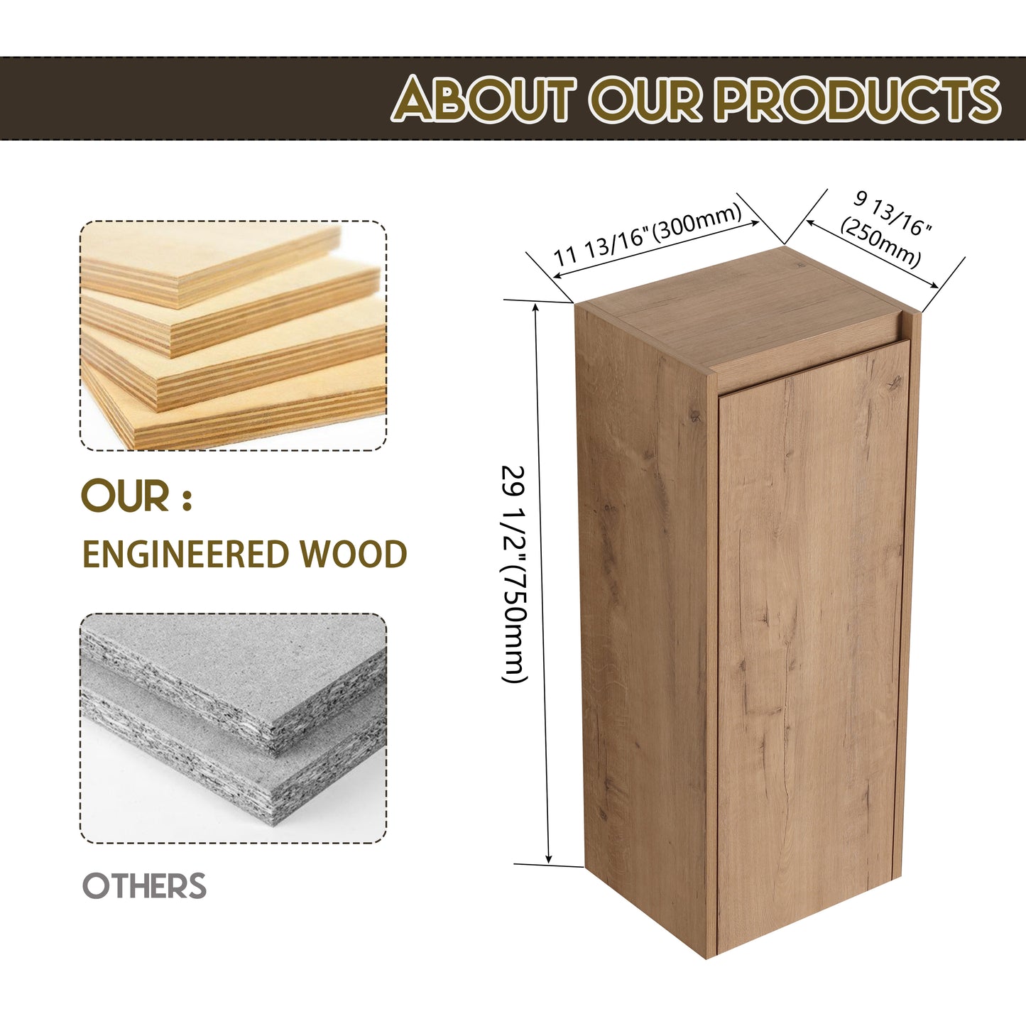 Oak finish engineered wood cabinet measuring tall with a hinged door
