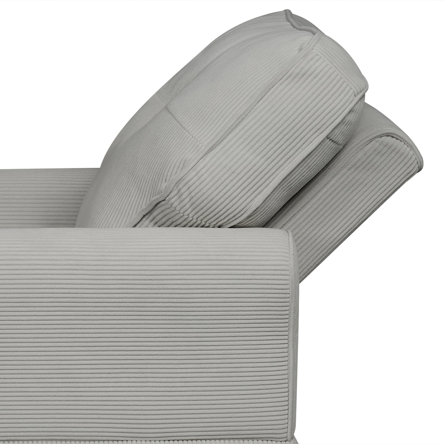Grey corduroy armchair with plush cushioning and supportive armrest
