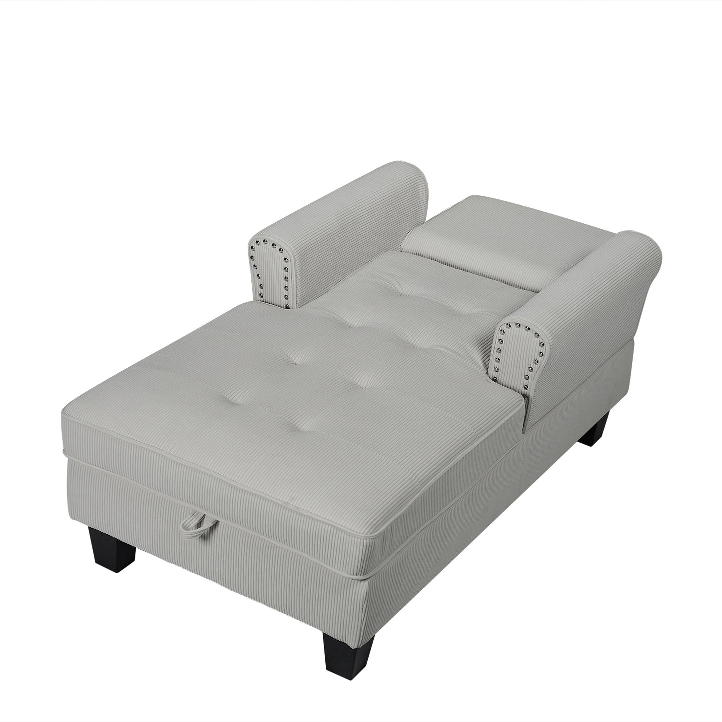 Tufted grey corduroy chaise lounge with studded arms and hidden storage