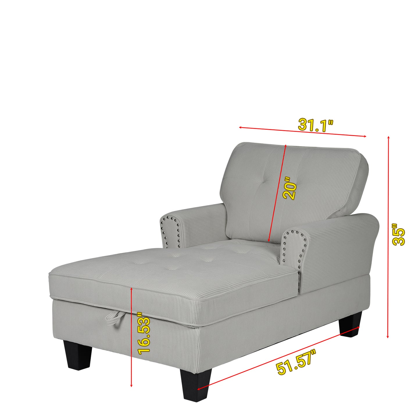 Light gray corduroy chaise lounge with tufted cushion and decorative nailhead trim