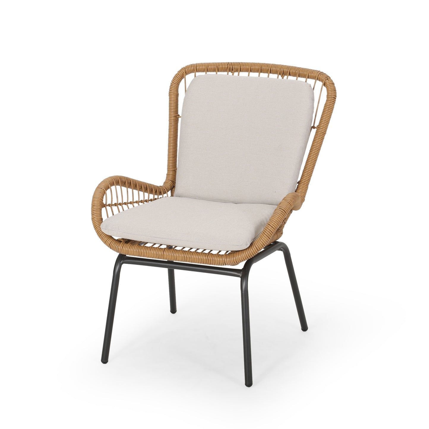 Woven rattan accent chair with light beige cushion and black metal legs