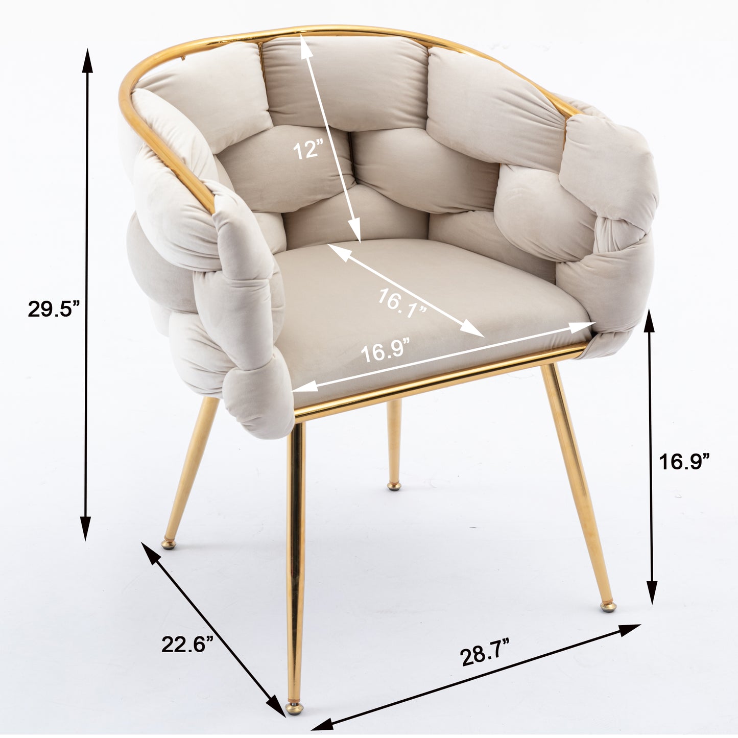 Beige velvet accent chair with braided design and gold metal legs