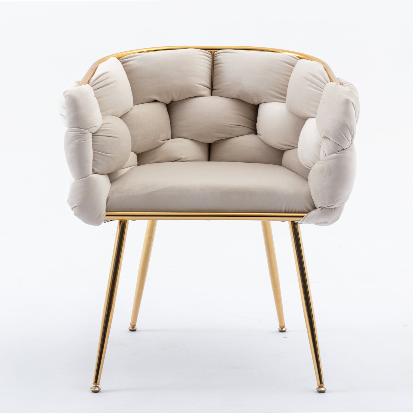 Cream velvet accent chair with tufted cushions and gold metal legs