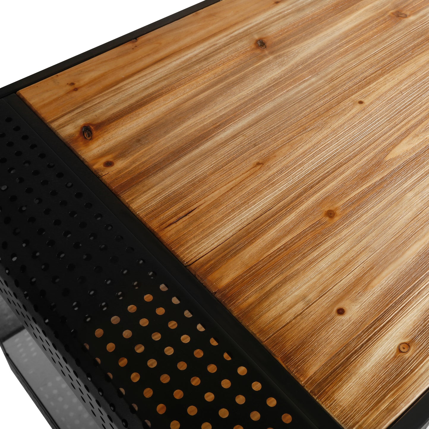 Natural wood top accent table with black perforated metal base