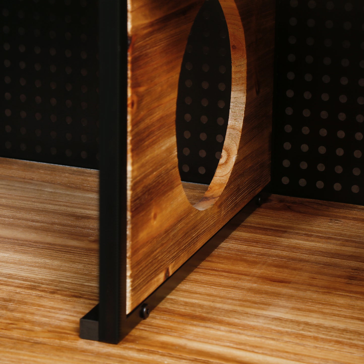 Rustic wood wine rack shelf with black metal frame circular cutout