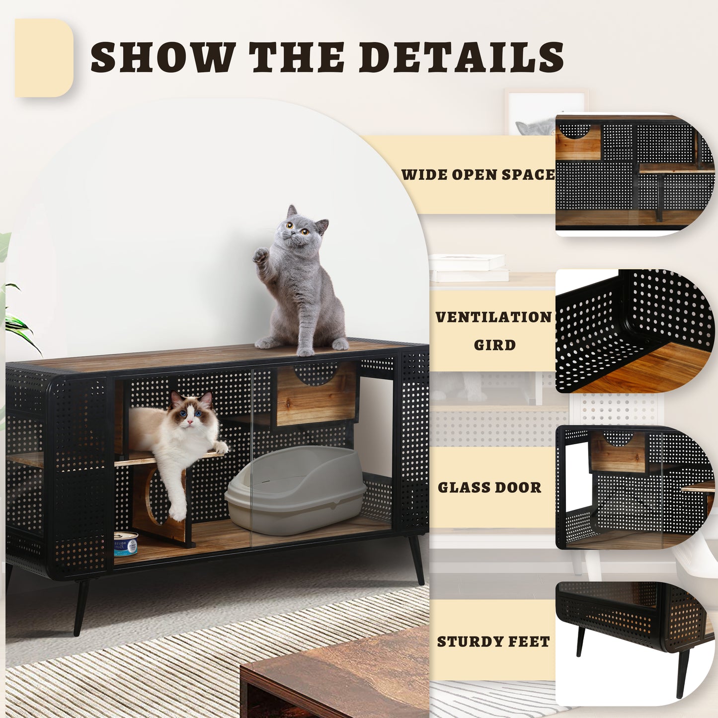 Modern cat enclosure with ventilation grid and glass door featuring wooden shelves
