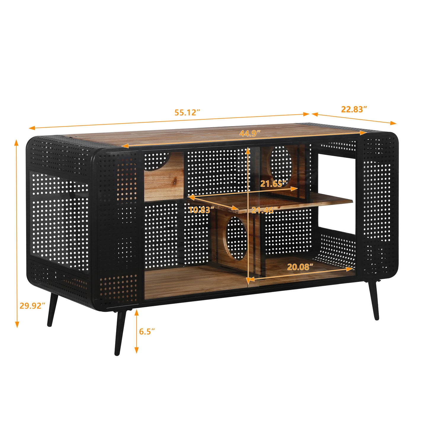 Modern black metal and wood pet enclosure features twotier shelving and multiple circular entryways