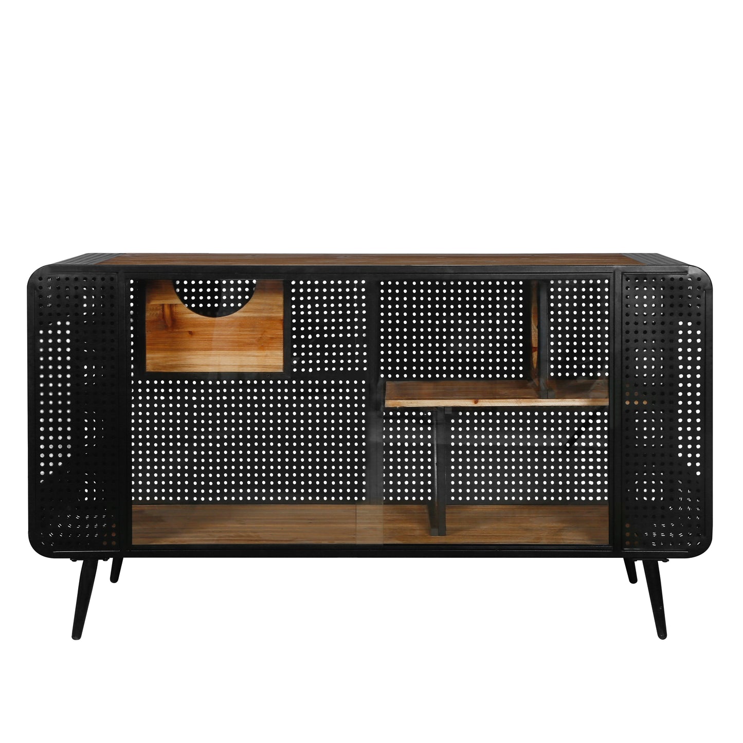 Industrial metal sideboard with wooden shelves and perforated doors ideal for modern living rooms