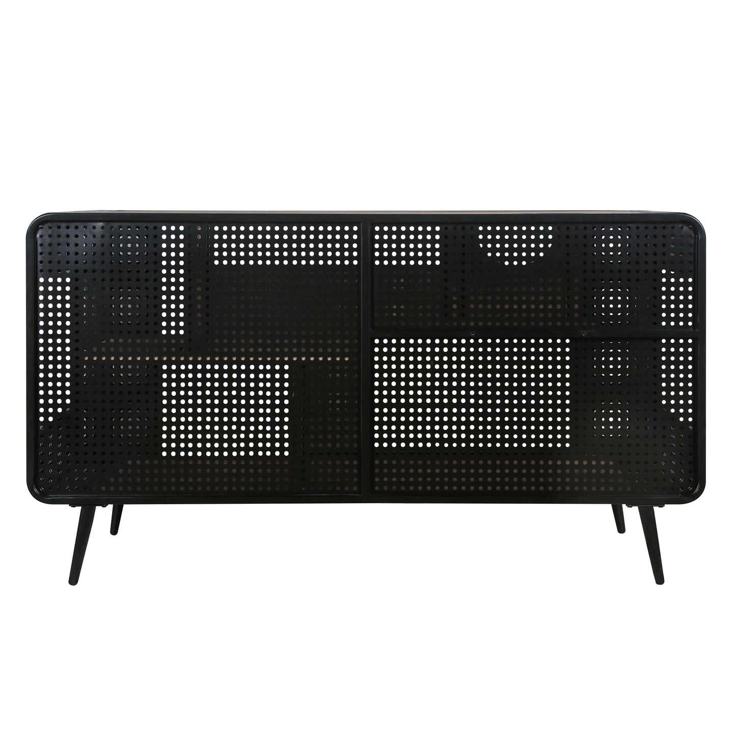 Black perforated metal sideboard with rounded corners and angled legs