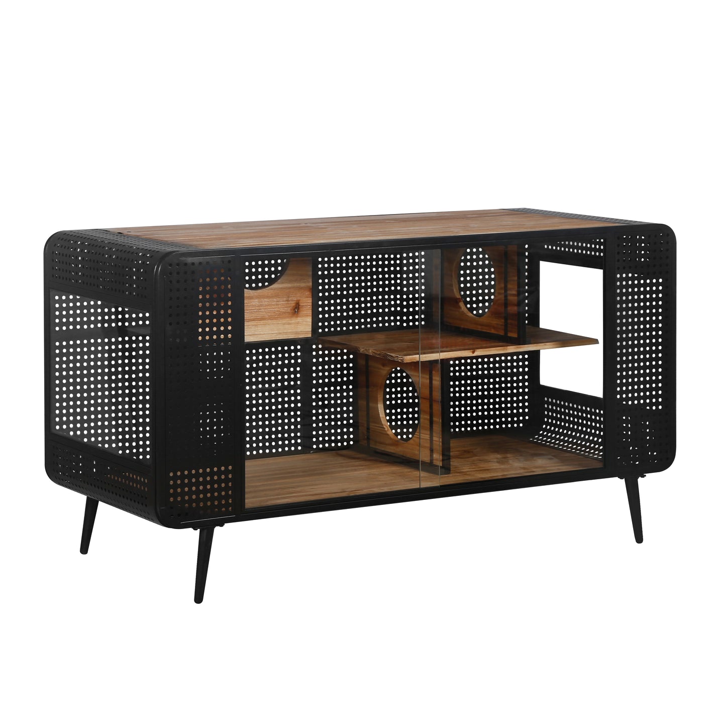 Modern black perforated media console with natural wood shelves and glass doors