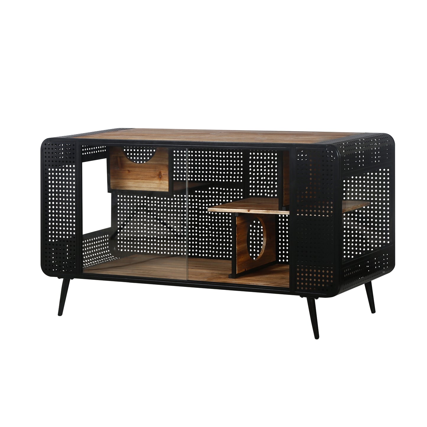 Black metal and wood media console with perforated sides and glass door